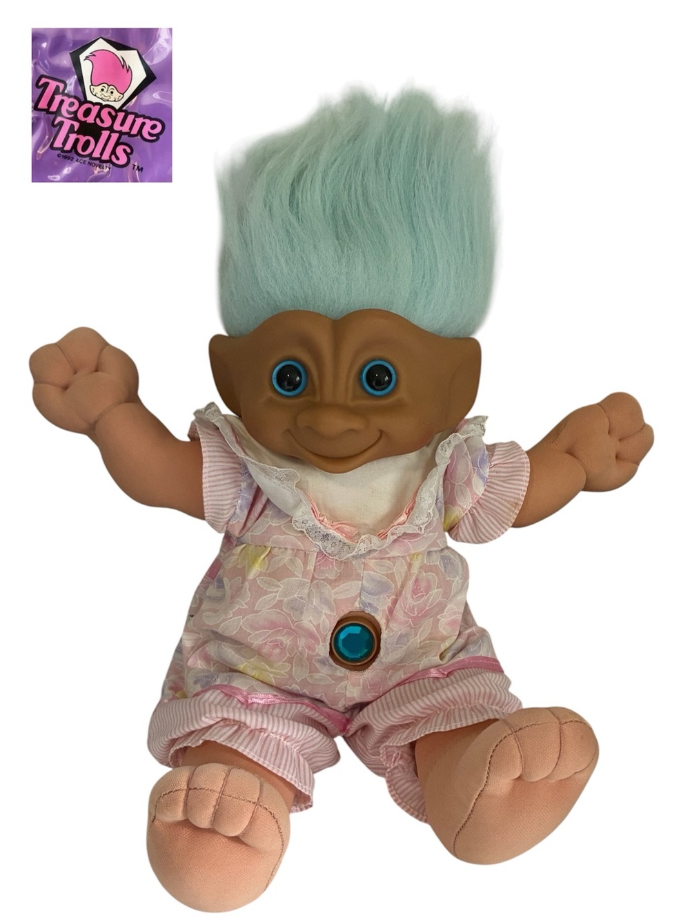 VINTAGE PLUSH TREASURE TROLLS DOLL ACE NOVELTY TEAL BELLY BUTTON GEM AQUA HAIR